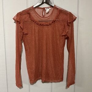 Dizzire Brown‎ sheer mesh long-sleeved top ruffle polka dot Women's Size Large